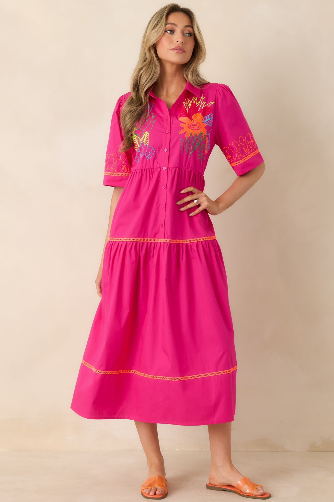 Island Glow Fuchsia Tropical Cotton Embroidered Tiered Midi Dress