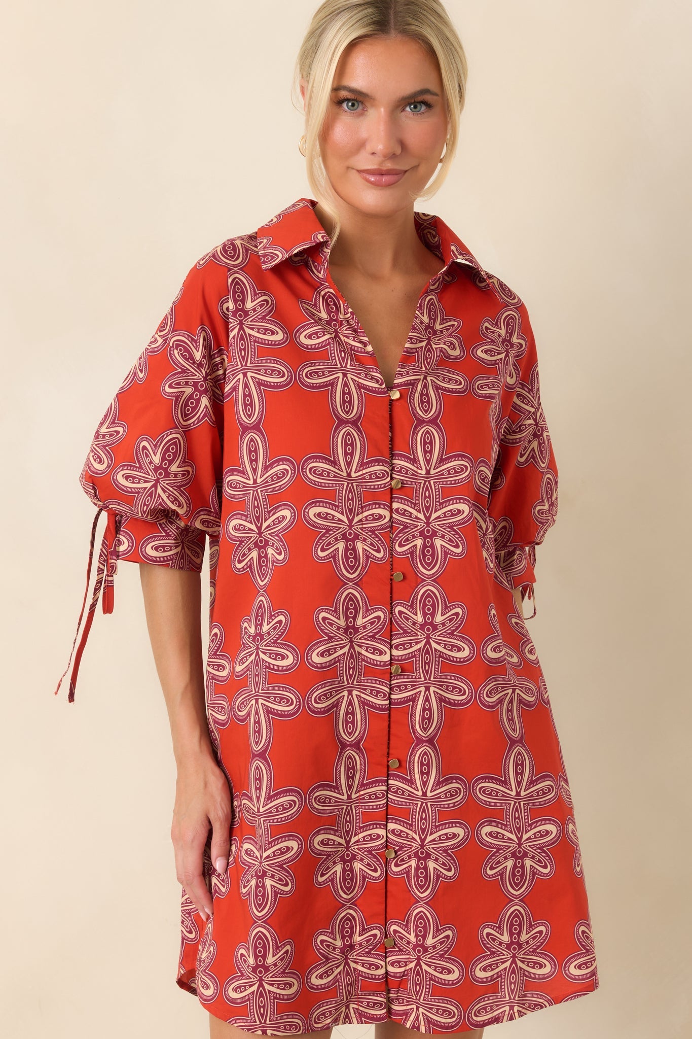 Missed Connections Brick Red & Burgundy Cotton Mini Shirt Dress