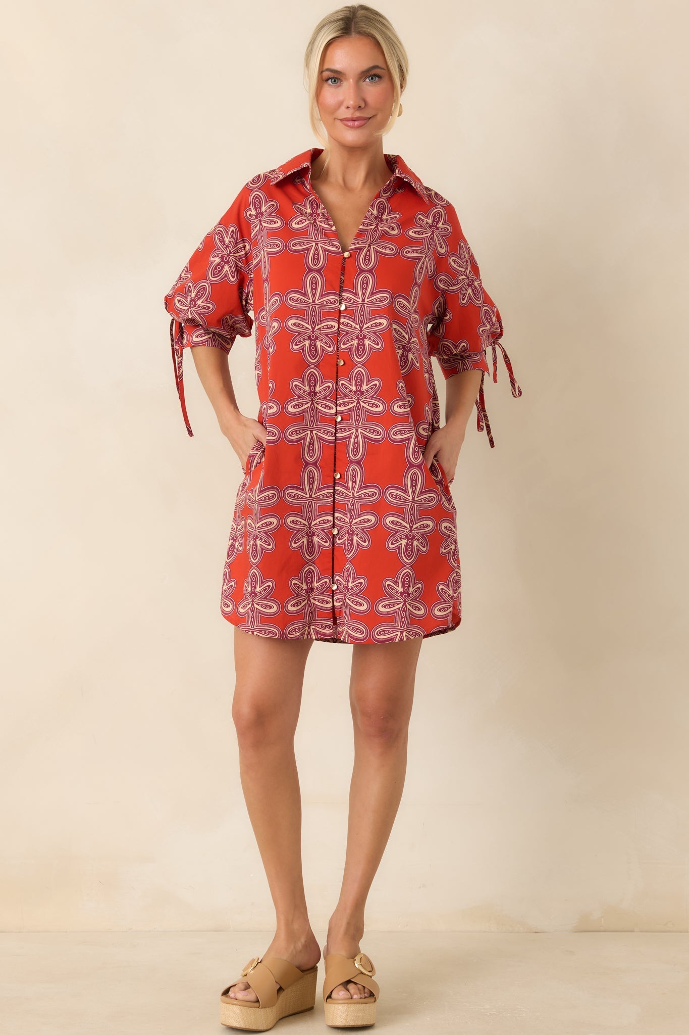 Missed Connections Brick Red & Burgundy Cotton Mini Shirt Dress