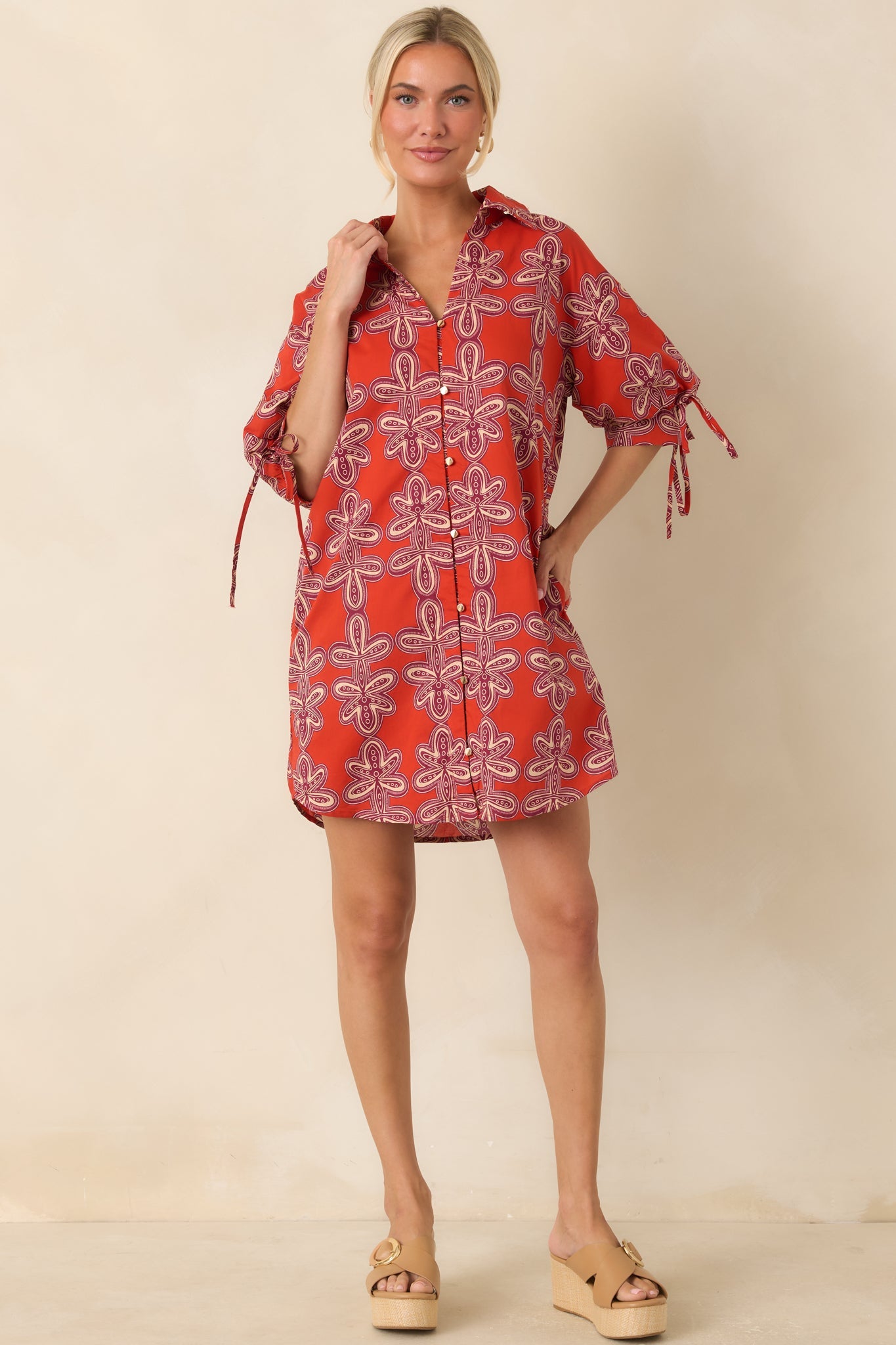 Missed Connections Brick Red & Burgundy Cotton Mini Shirt Dress