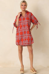 Missed Connections Brick Red & Burgundy Cotton Mini Shirt Dress