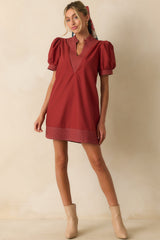 Took The Right Turn Brick Red Cotton Puff Sleeve Mini Dress