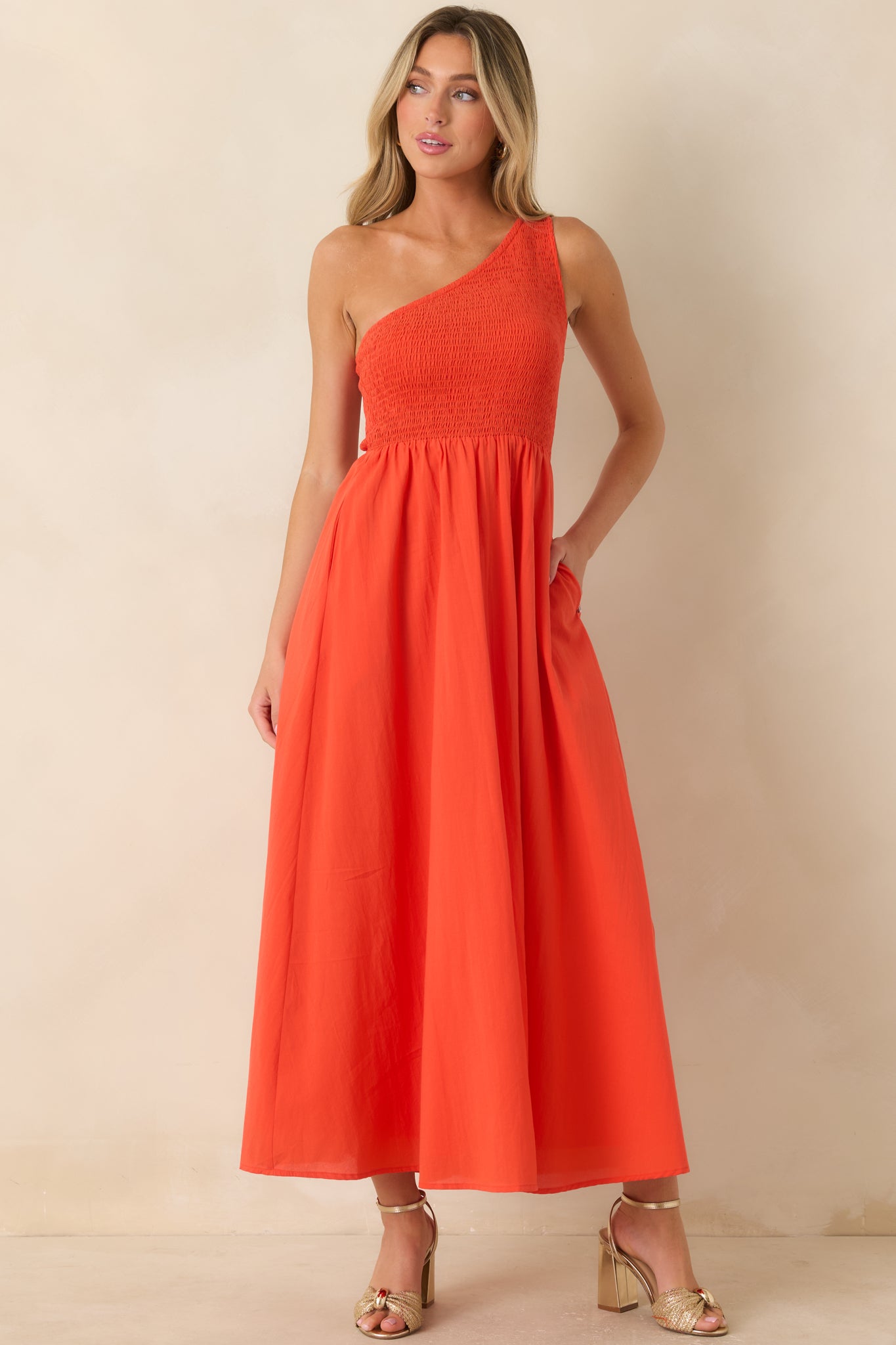 FRNCH Liberatore Coral Orange One-Shoulder Cotton Maxi Dress