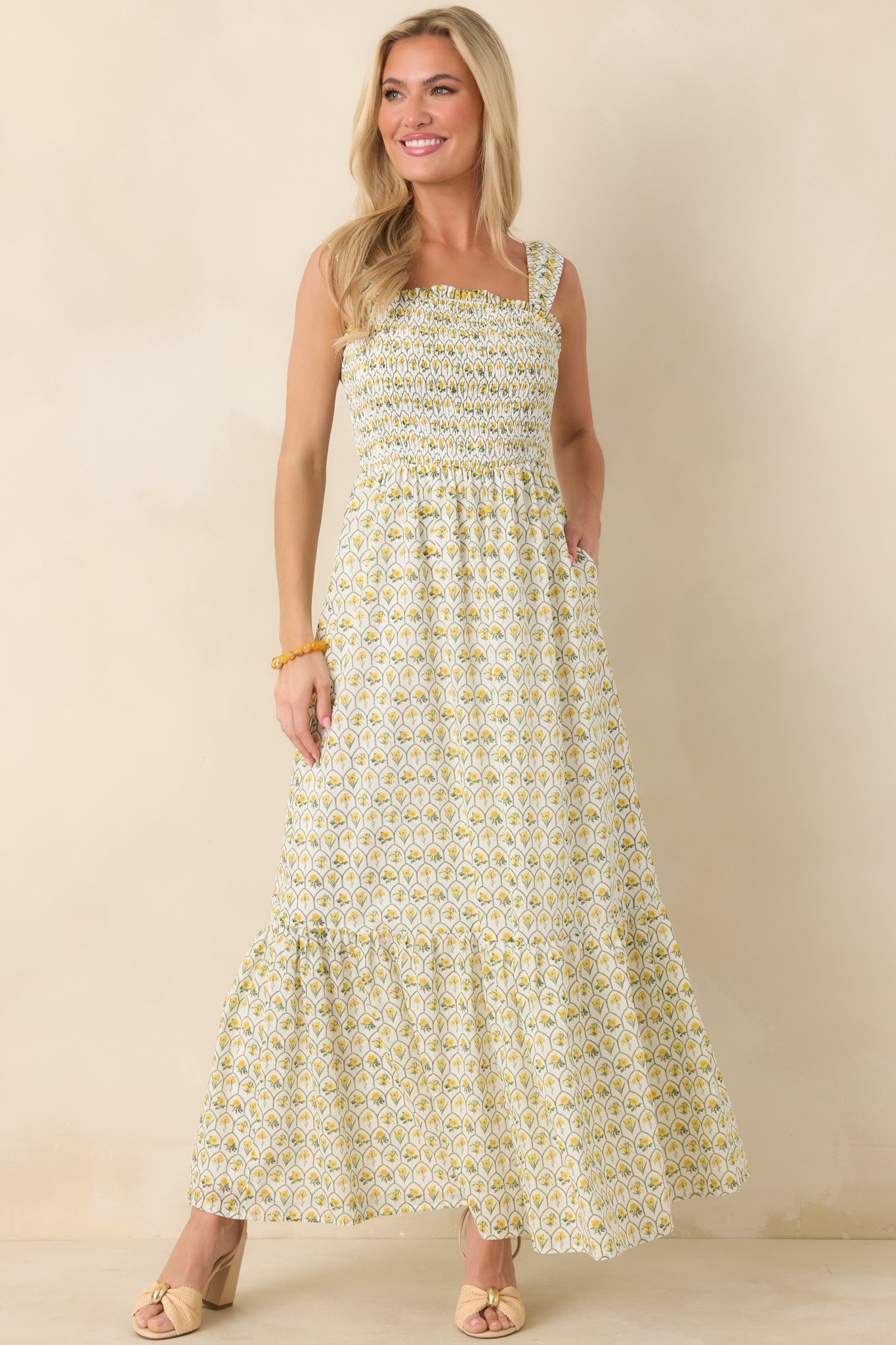 Pretty Unbothered Yellow Multi Floral Cotton Tiered Maxi Dress