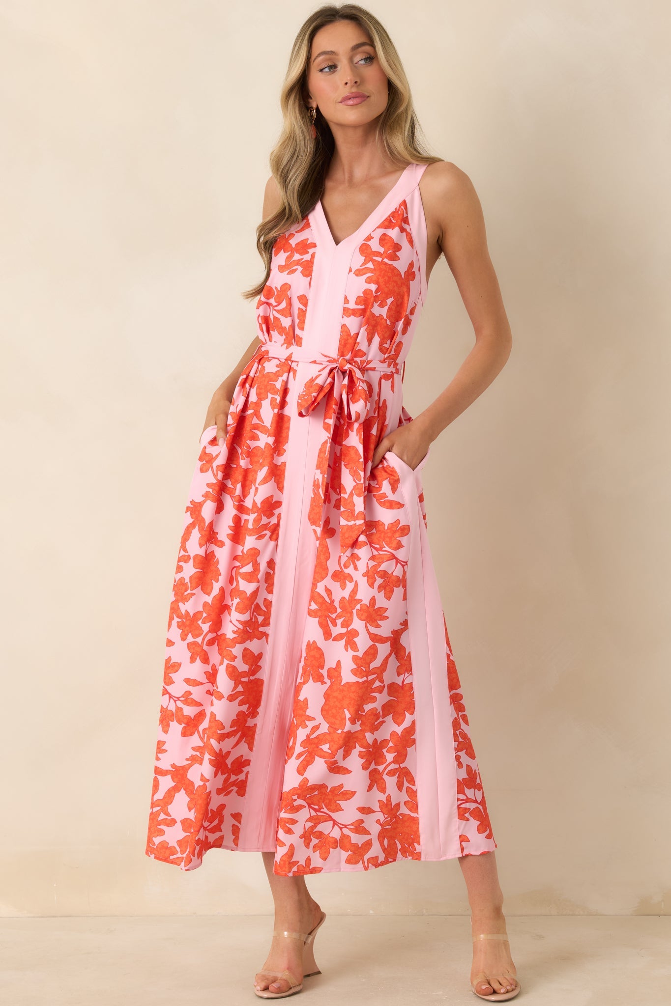 Living For It Orange & Light Pink Floral V-Neck Tie Belt Dress
