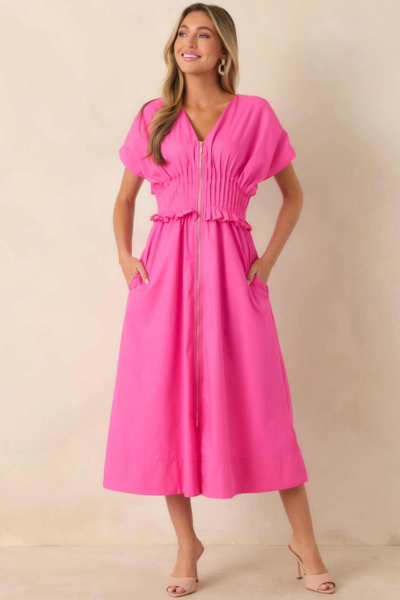 Let It Be Easy Fuchsia Smocked Waist Zip Maxi Dress