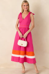 Just Getting Started Fuchsia Pink & Orange Cotton Tie Strap Midi Dress