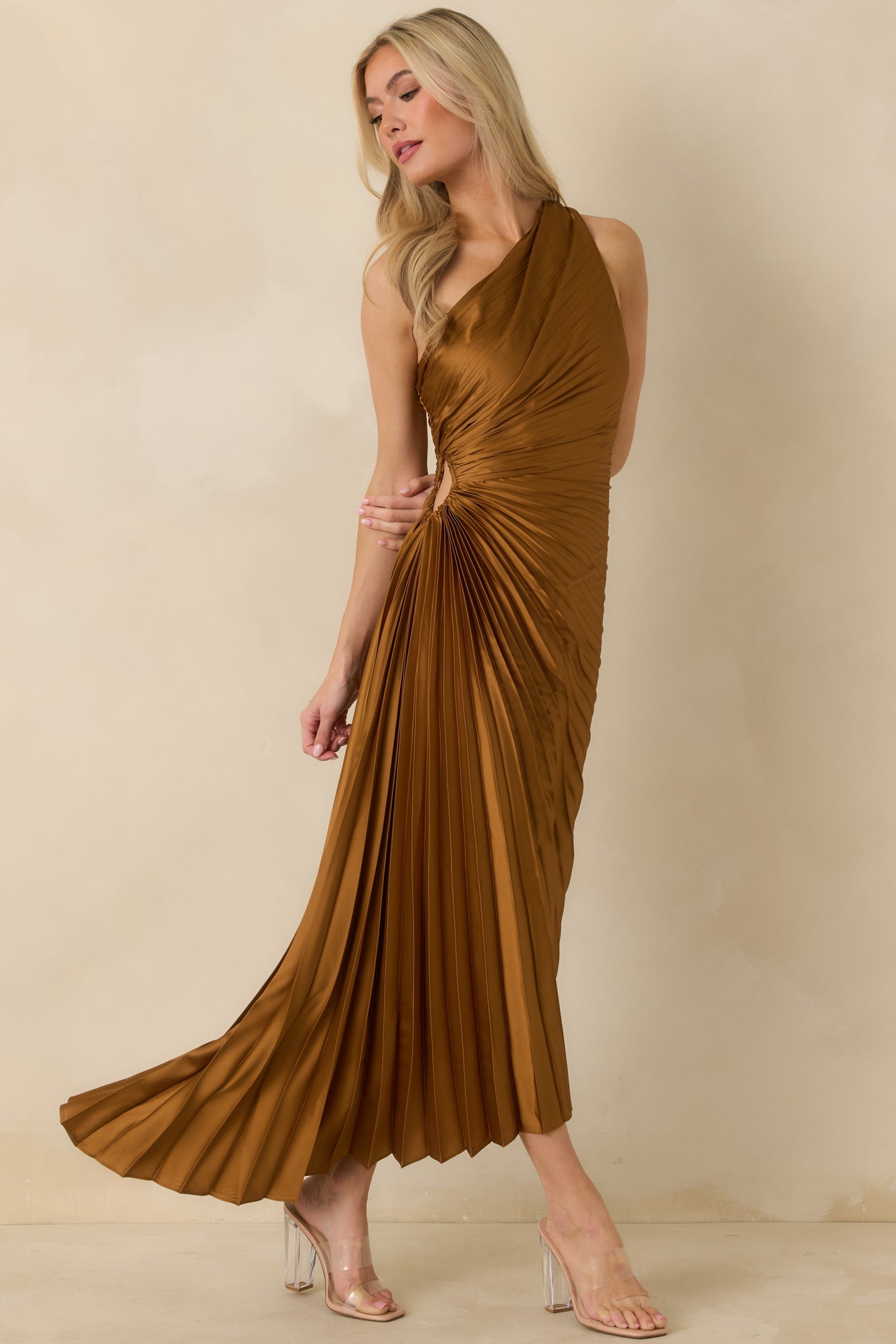Poetic Charm Bronze Asymmetric One Shoulder Maxi Dress