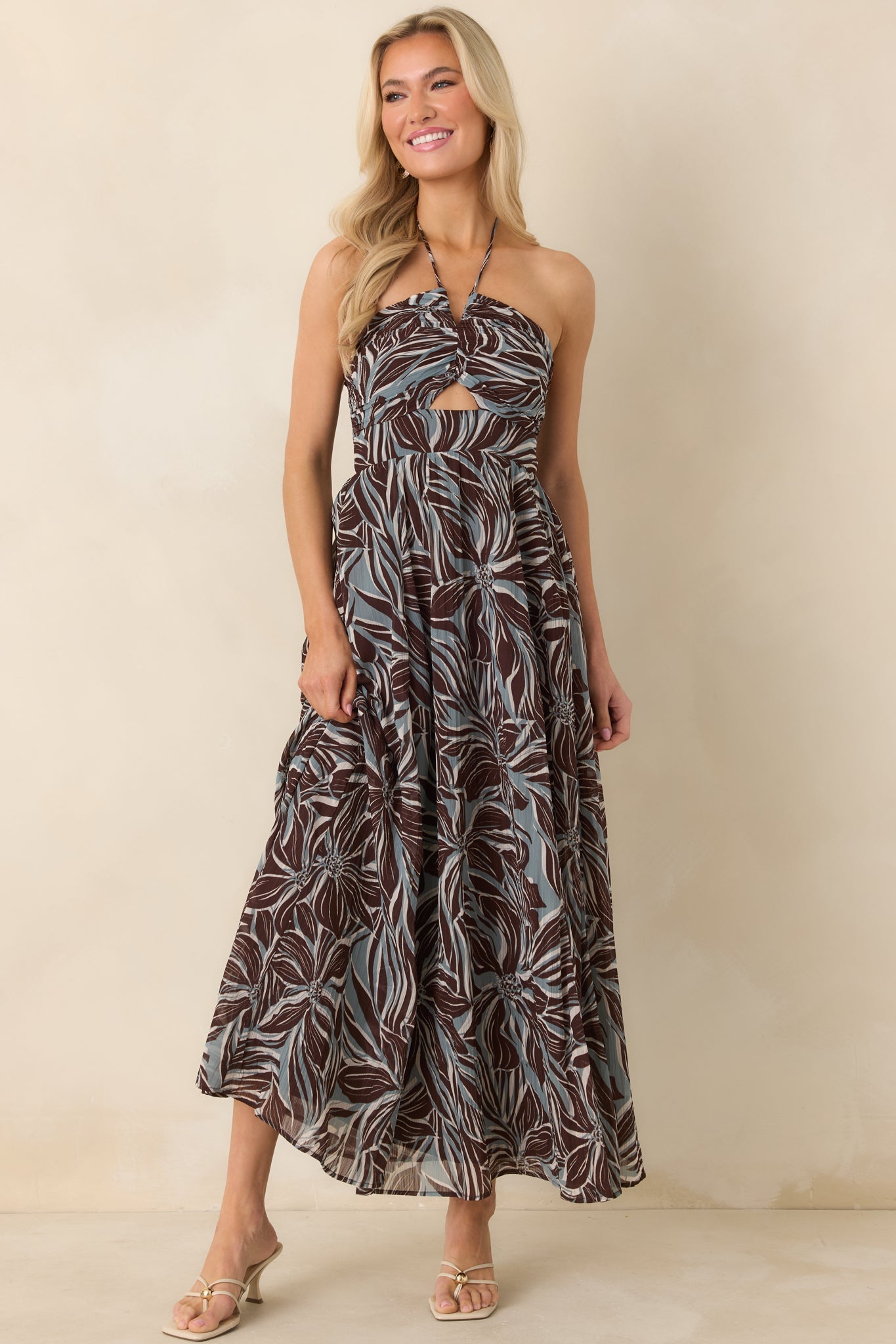 Z Supply Chocolate Brown Multi Lanie Zinn Floral Halter Maxi Dress