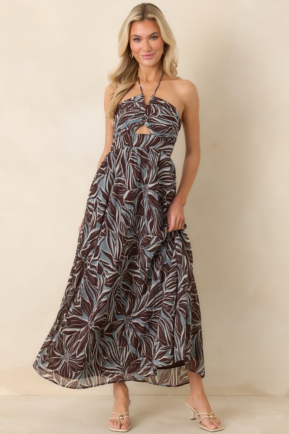 Z Supply Chocolate Brown Multi Lanie Zinn Floral Halter Maxi Dress