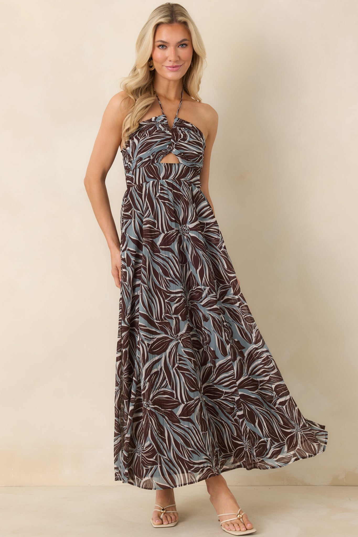 Z Supply Chocolate Brown Multi Lanie Zinn Floral Halter Maxi Dress