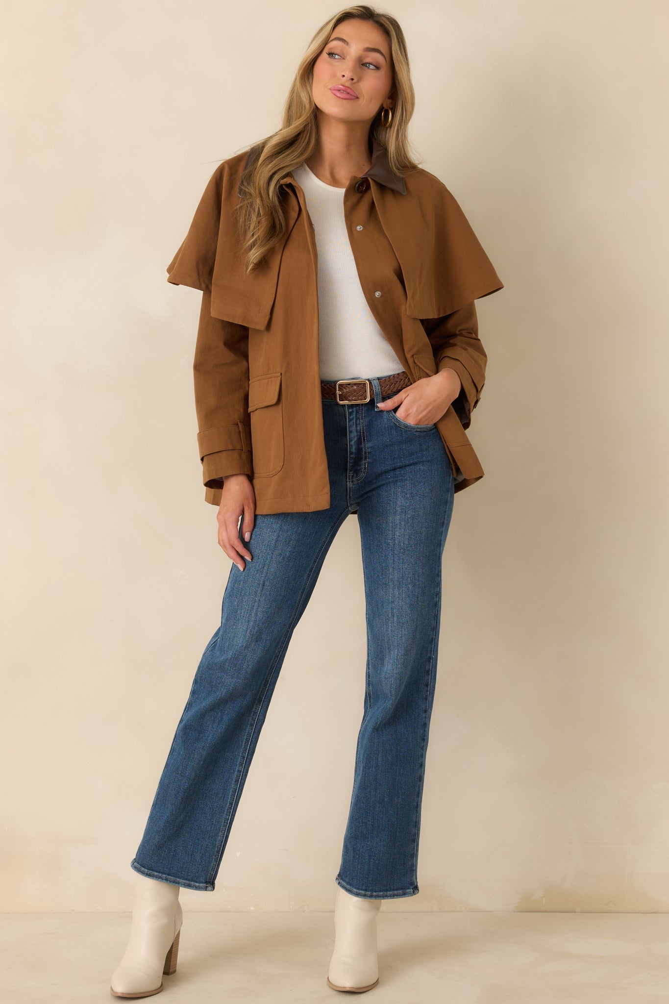 Well Traveled Ways Brown Cotton Cape Back Utility Jacket