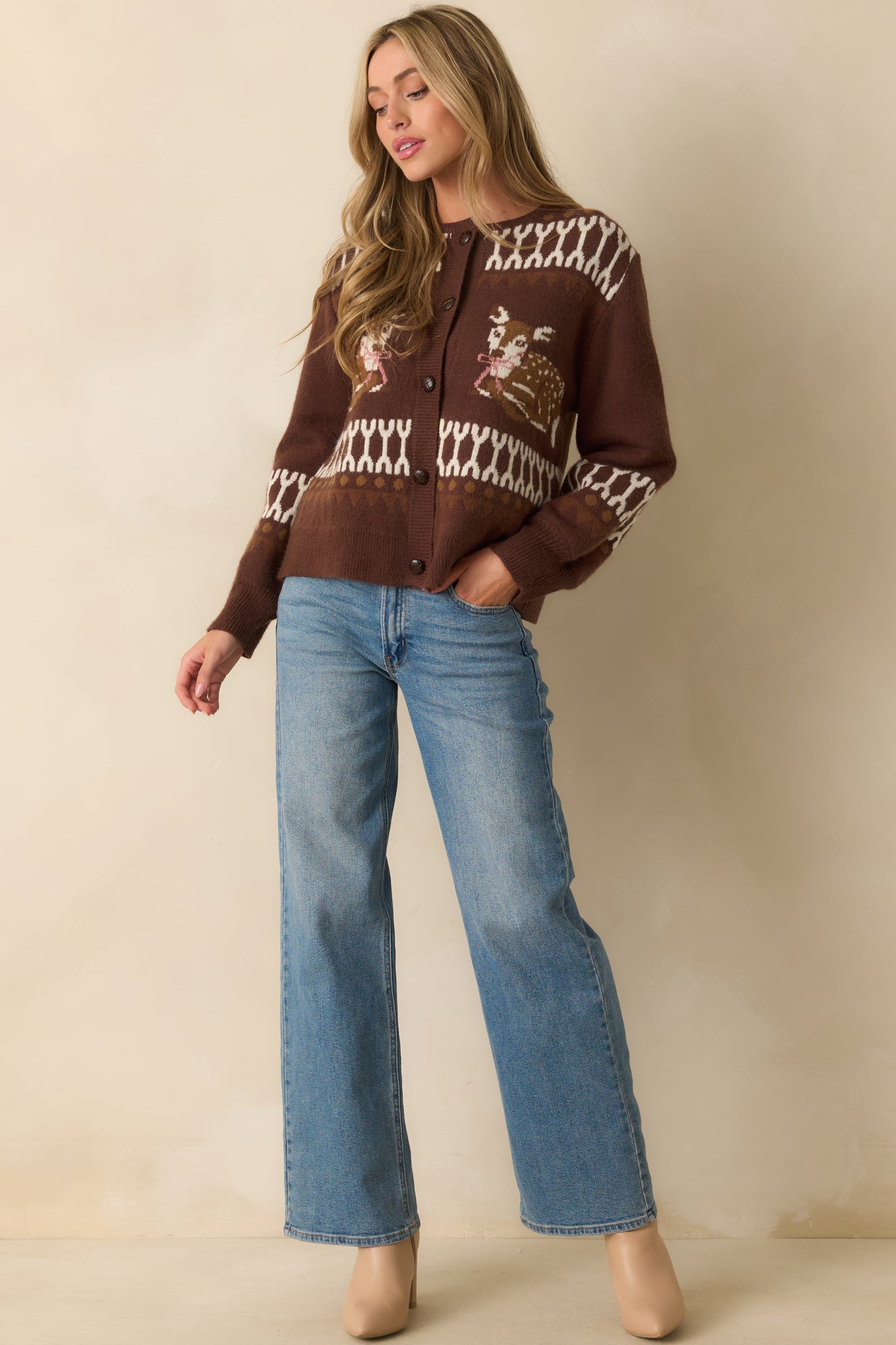 Doe Eyes Brown Deer Multi Print Crewneck Button Up Cardigan