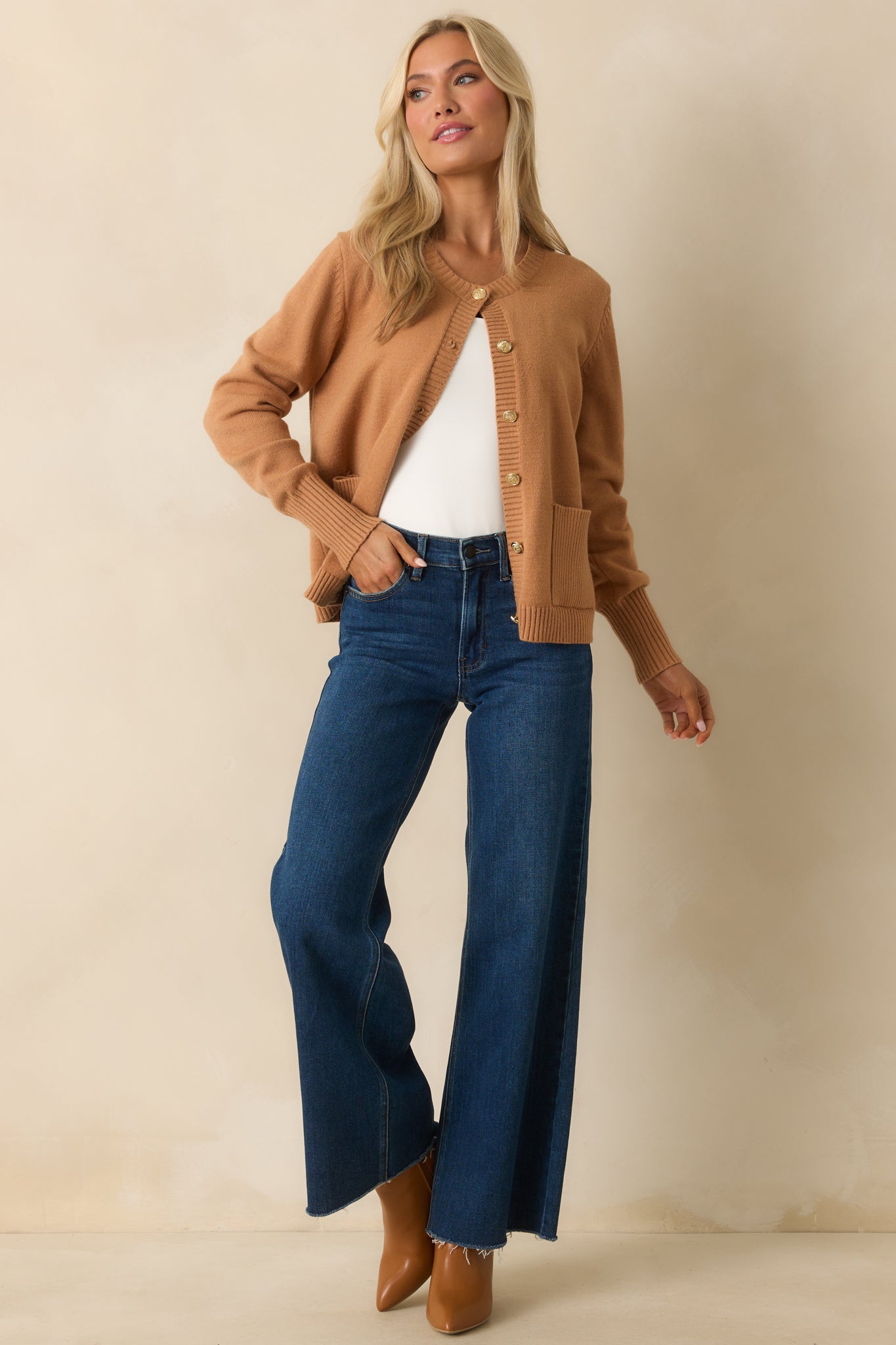 Right On Schedule Camel Brown Long Sleeve Button Up Cardigan