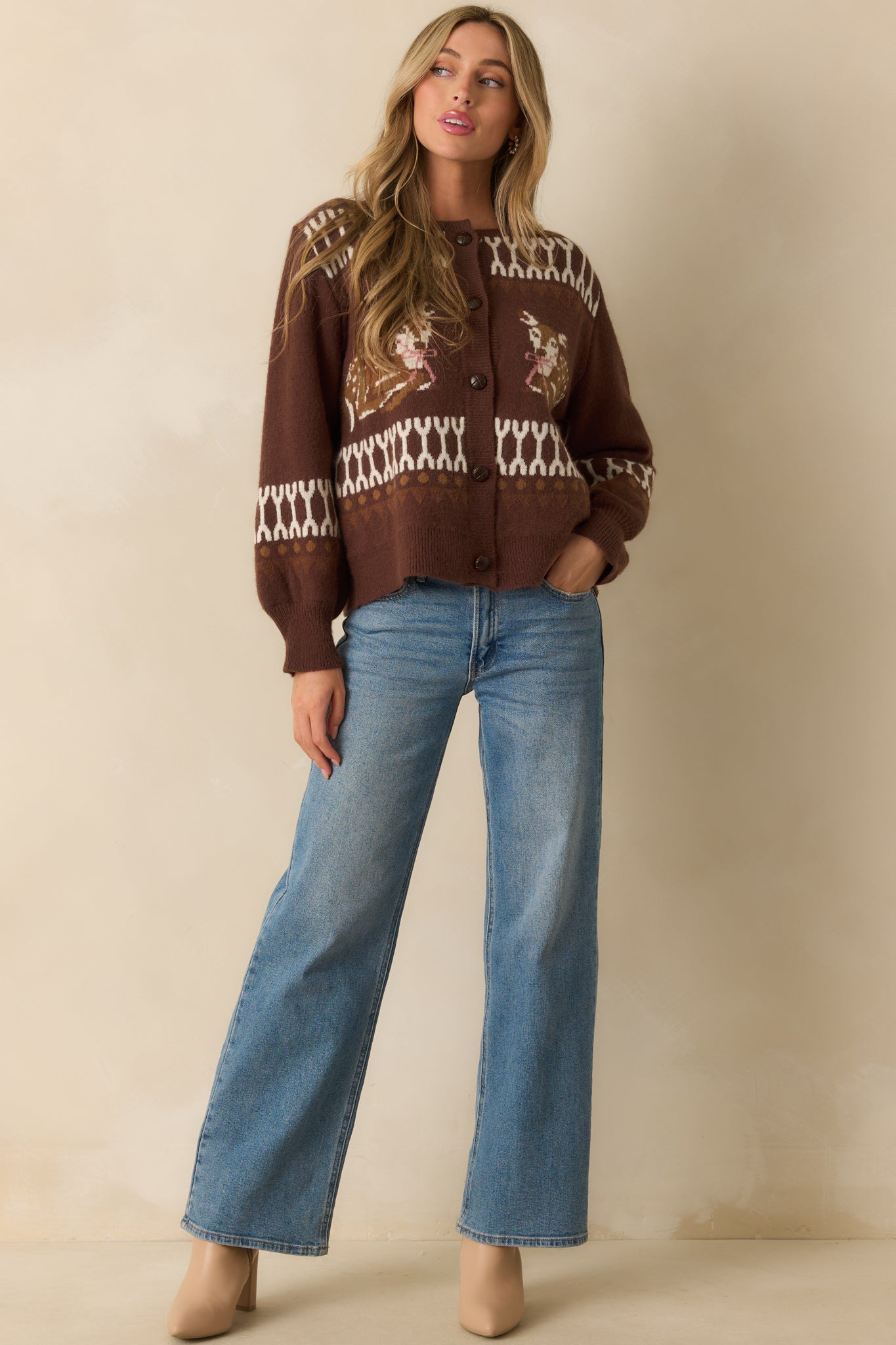 Doe Eyes Brown Deer Multi Print Crewneck Button Up Cardigan