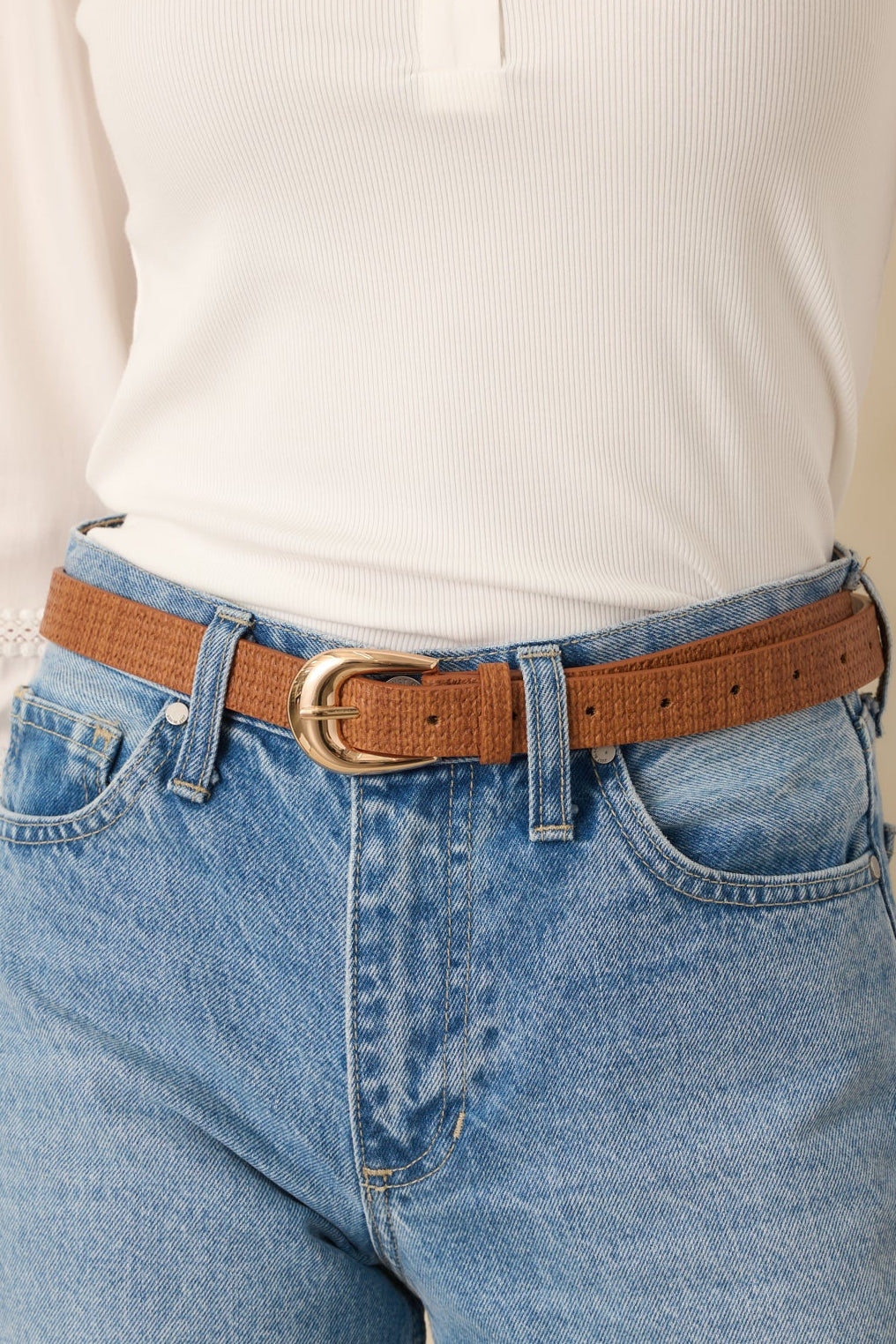 Always in Place Cognac Brown Woven Texture Faux Leather Belt