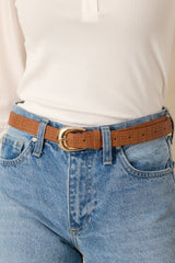 Always in Place Cognac Brown Woven Texture Faux Leather Belt