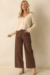 What Makes Sense Brown Cotton Contrast Stitch Wide Leg Pants