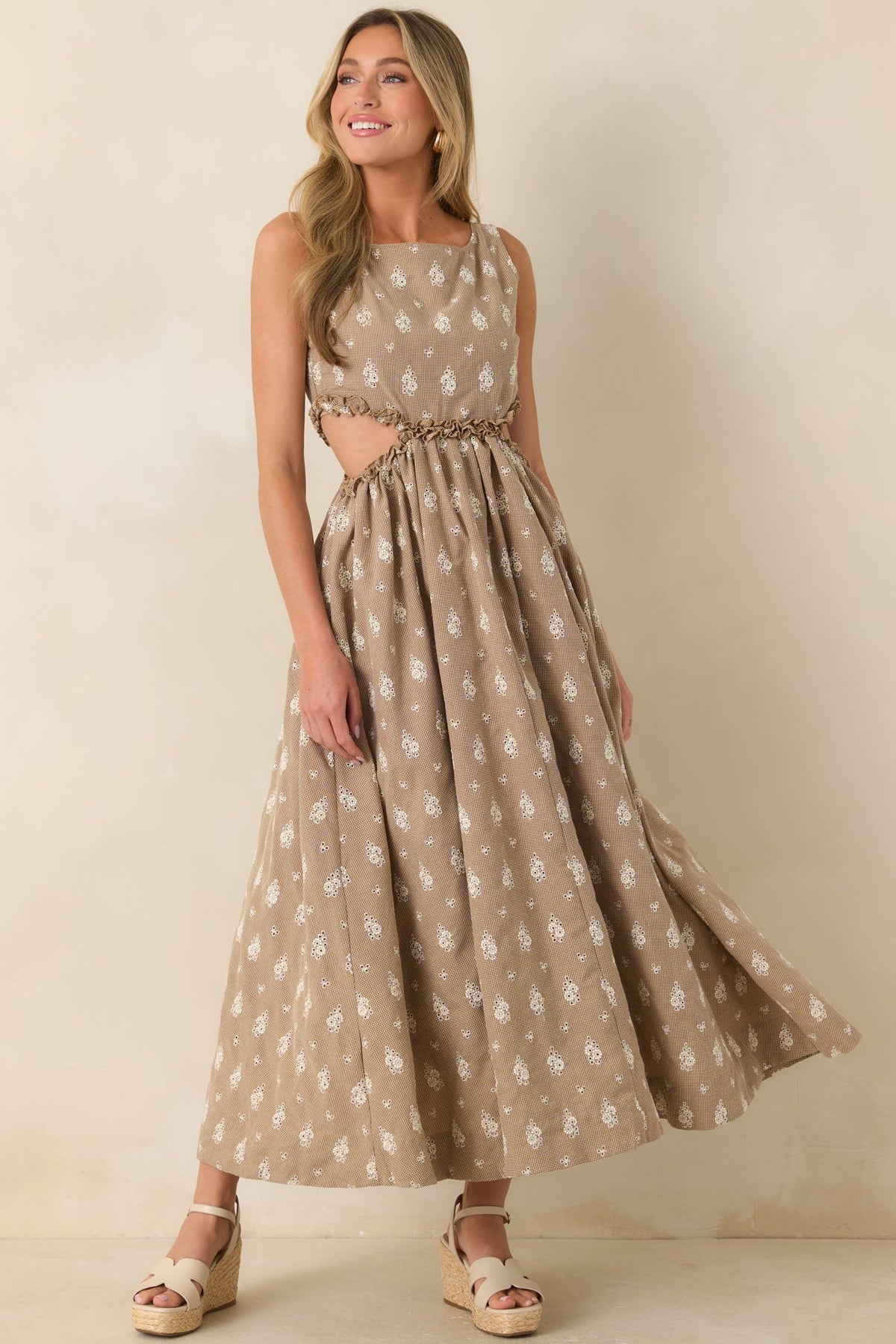 FRNCH Stellaria Brown Cotton Floral Eyelet Cut-Out Maxi Dress