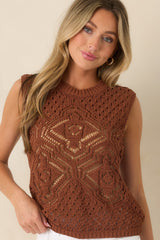 FRNCH Nila Brown Cotton Blend Openwork Knit Tank