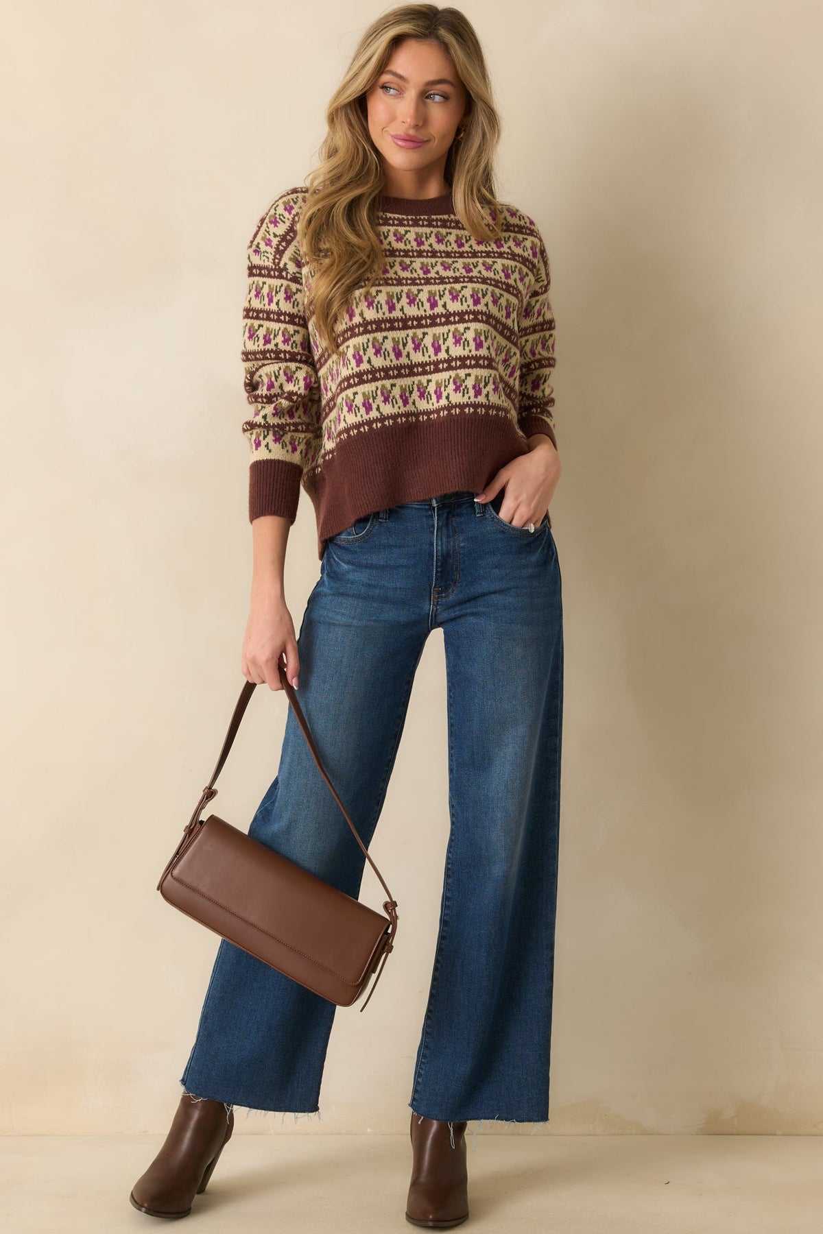 Guess What's Next Brown Multi Fair Isle Knit Crewneck Sweater
