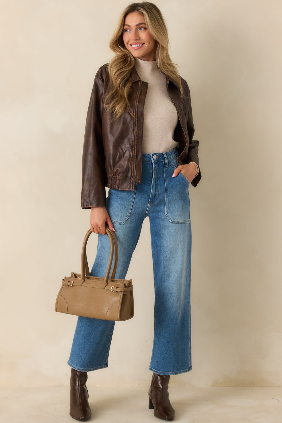 Rugged Reputation Brown Faux Distressed Leather Zip-Up Jacket