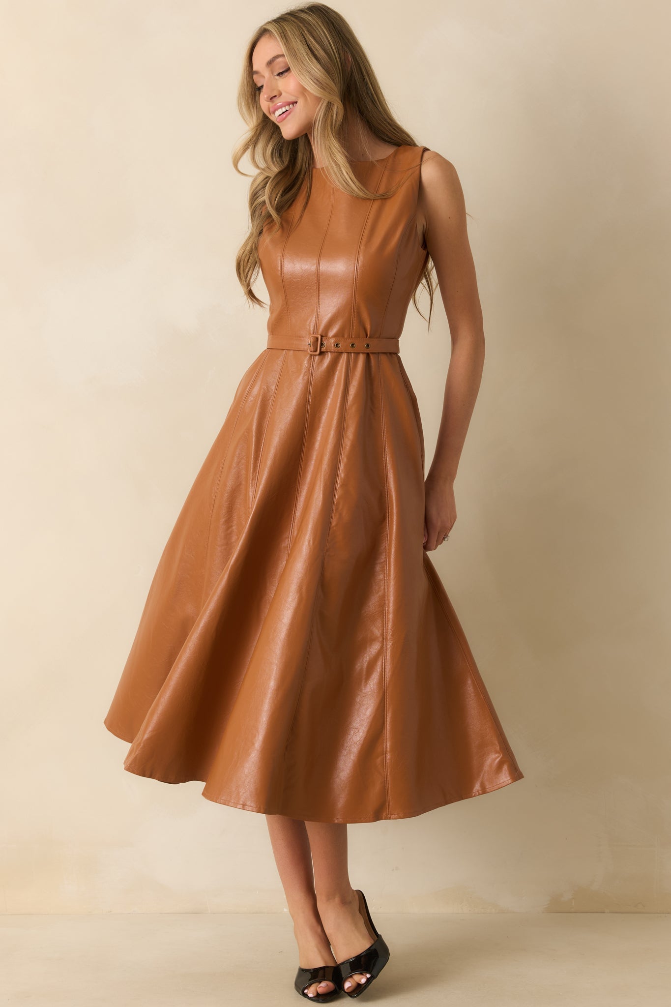 End Of Discussion Caramel Brown Faux Leather Belted Maxi Dress