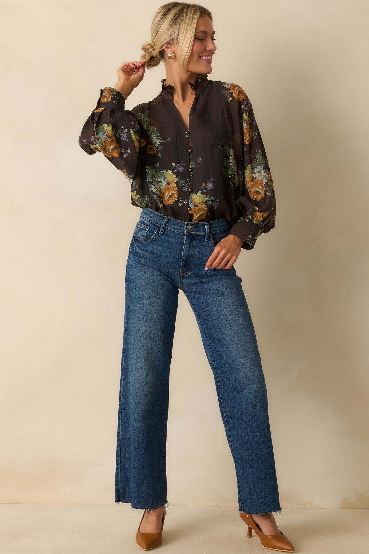 Sweet as Petals Brown Multi Floral Print Button Up Blouse