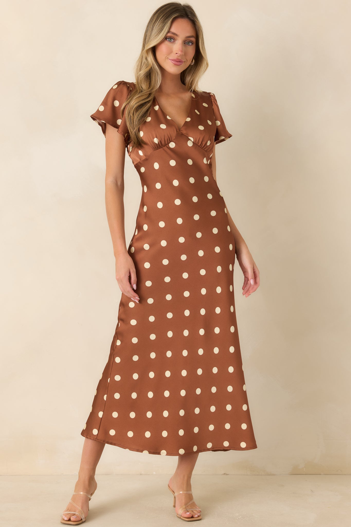 Forever Classic Brown Polka Dot Satin Midi Dress