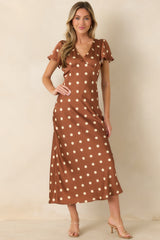 Forever Classic Brown Polka Dot Satin Midi Dress