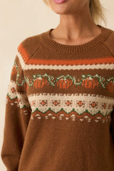 More To The Story Brown Pumpkin Fair Isle Knit Sweater