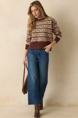 Guess What's Next Brown Multi Fair Isle Knit Crewneck Sweater