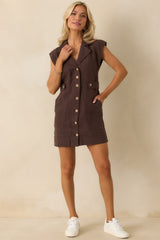 Never A Bad Day Dark Brown Linen Button Front Mini Dress