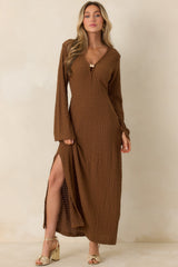 Just a Hint of Glam Brown Textured Semi-Sheer Long Sleeve Maxi Dress
