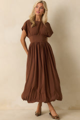 As Promised Brown Short Sleeve Cinched Waist Maxi Dress