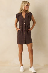 Never A Bad Day Dark Brown Linen Button Front Mini Dress