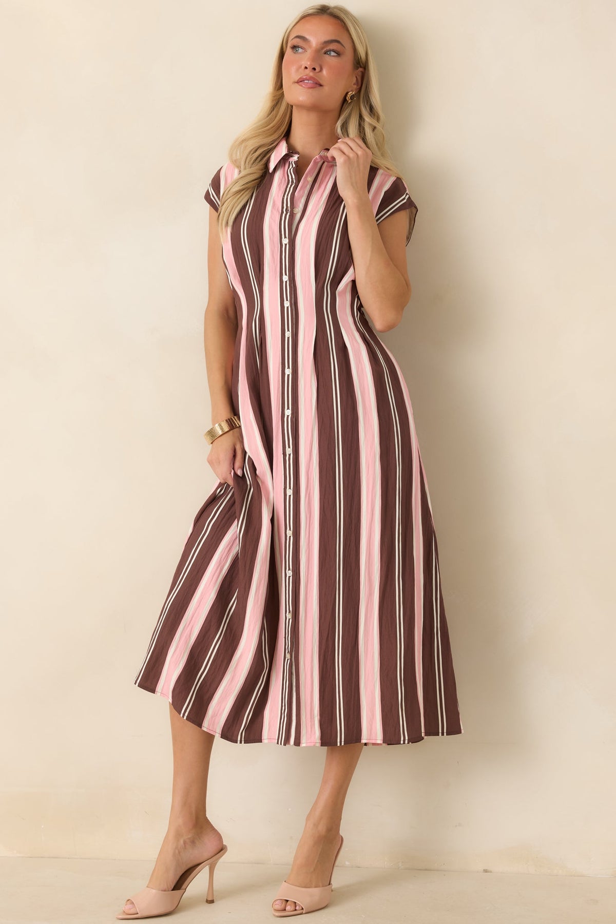 Coffee & Conversation Brown & Pink Stripe Midi Shirt Dress
