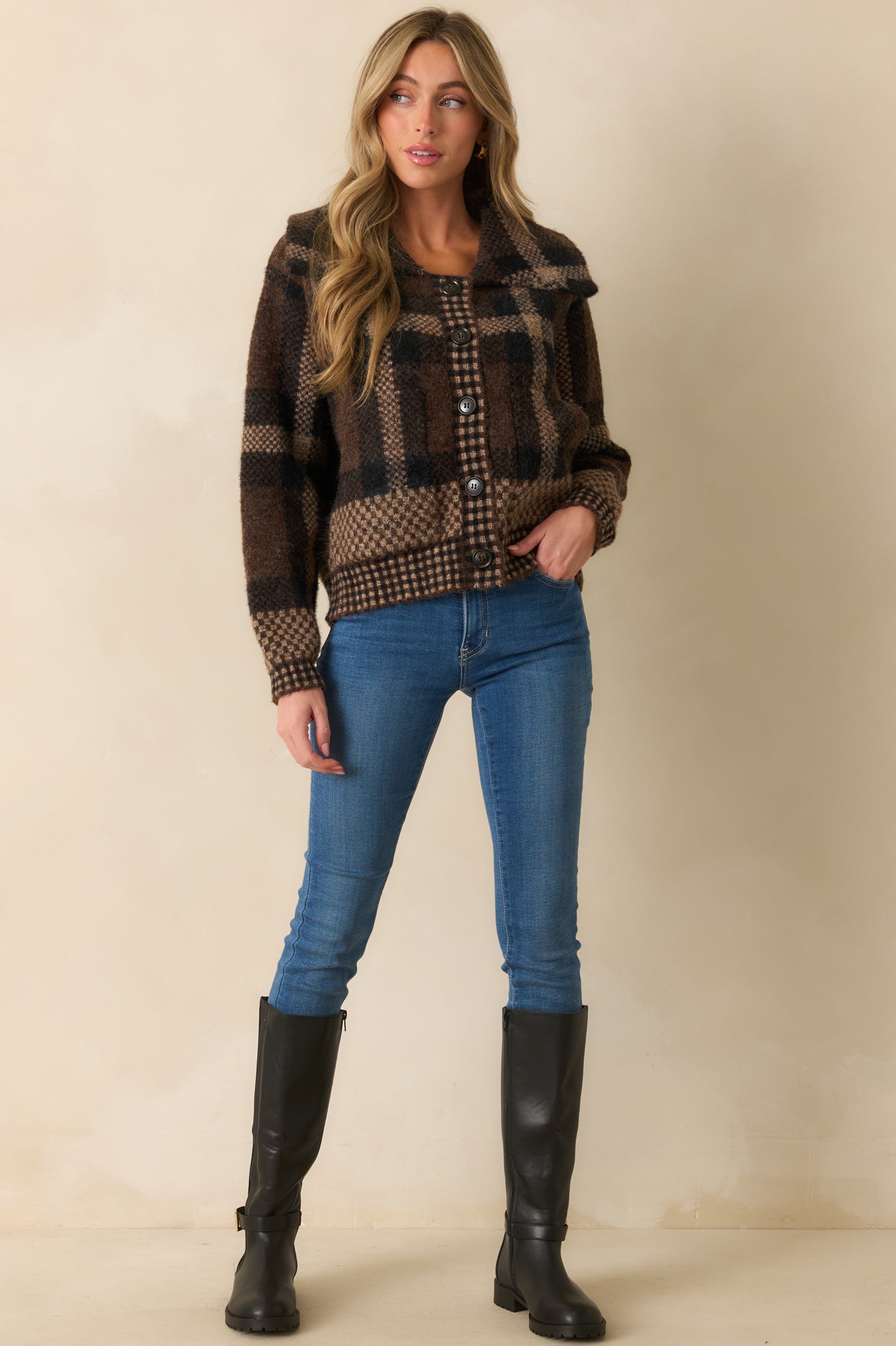 You Know It's True Brown Multi Plaid Button Front Jacket