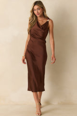 As I Expected Brown Satin Cowl Neck Sleeveless Midi Dress