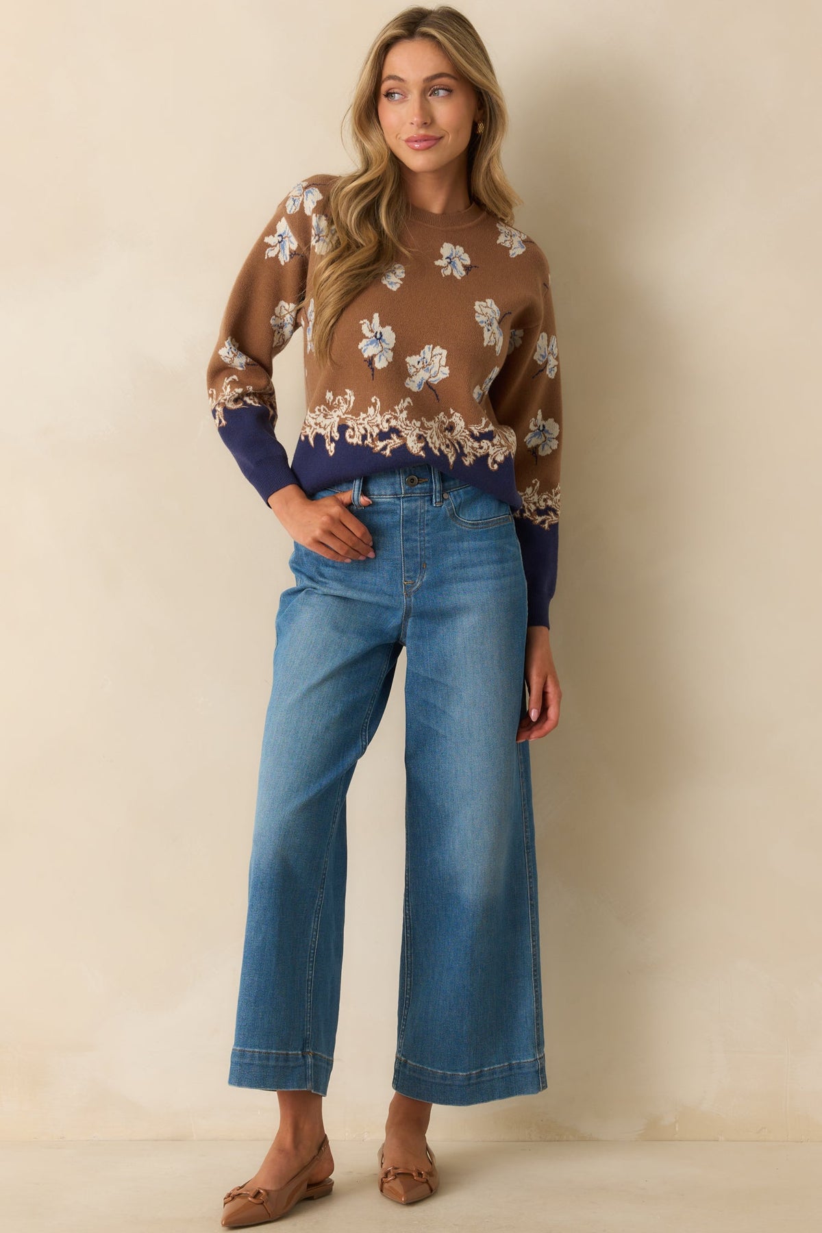 That's How I See It Caramel Brown Multi Floral Jacquard Knit Sweater