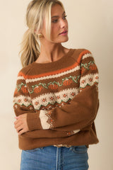 More To The Story Brown Pumpkin Fair Isle Knit Sweater