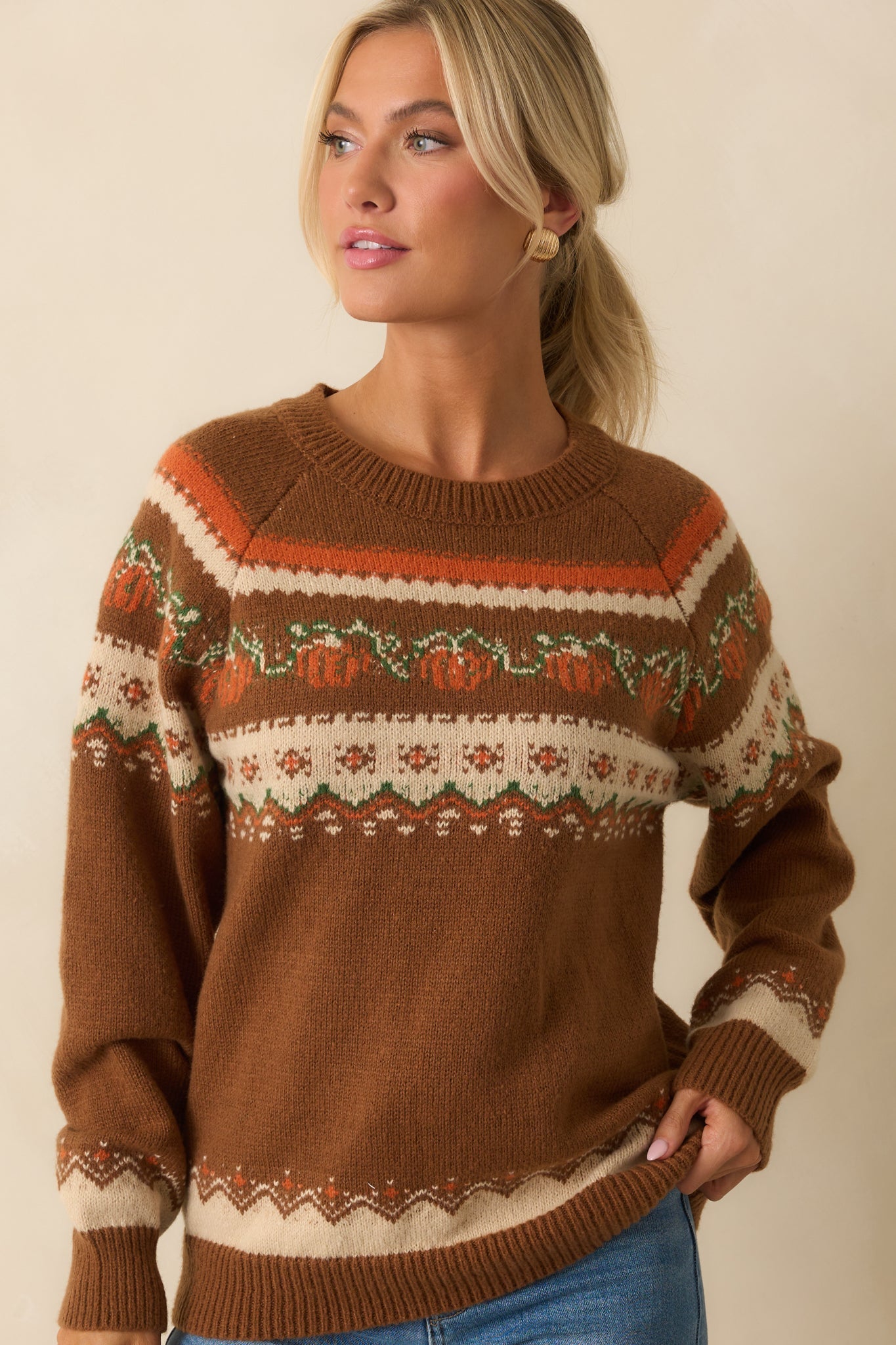 More To The Story Brown Pumpkin Fair Isle Knit Sweater