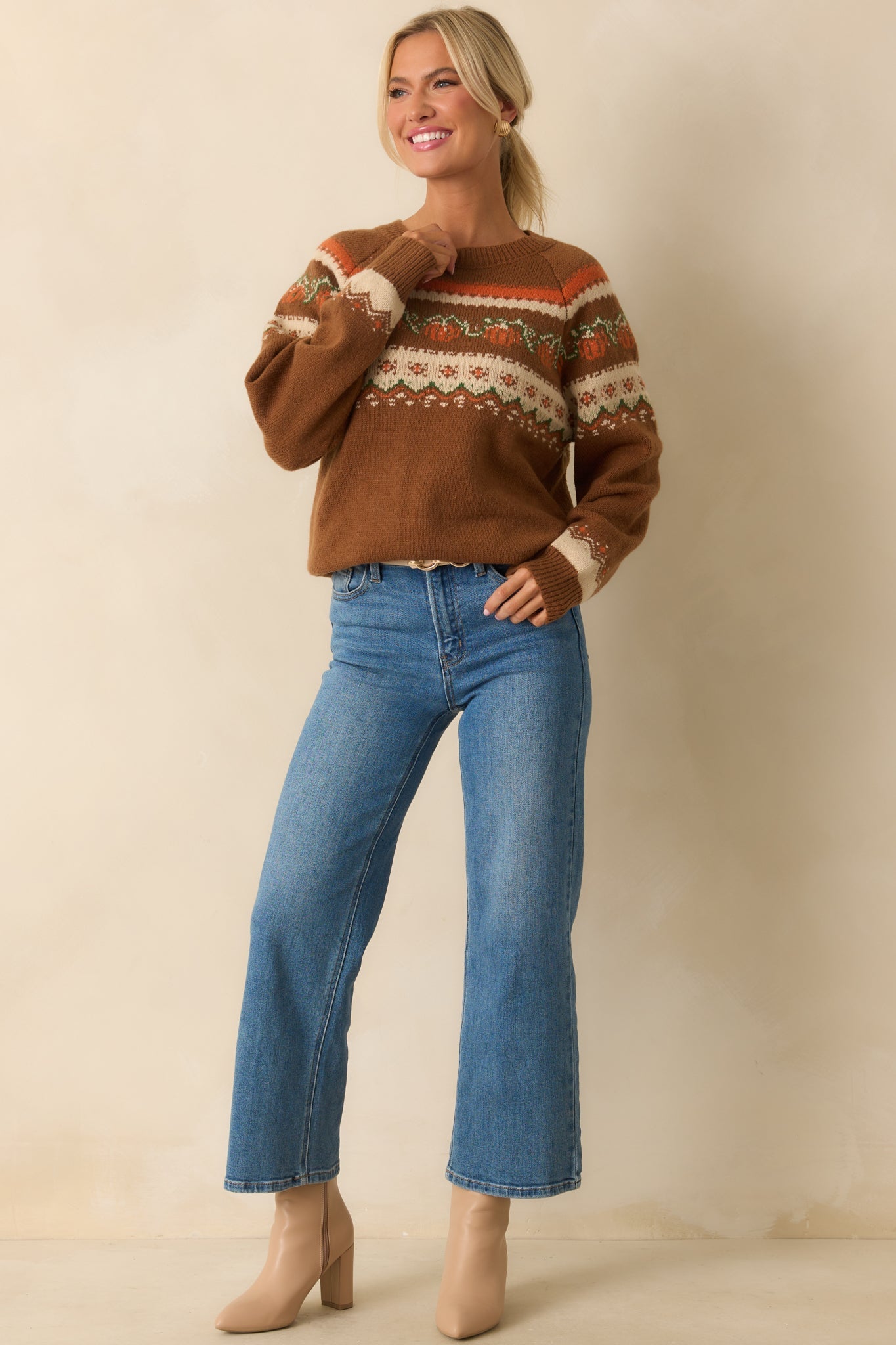 More To The Story Brown Pumpkin Fair Isle Knit Sweater