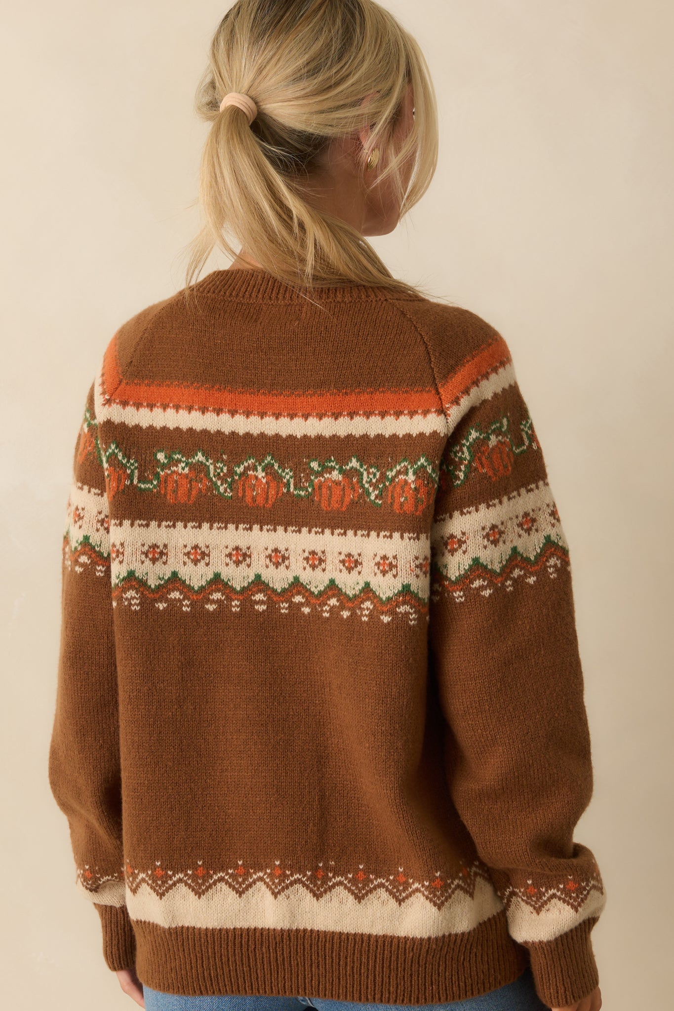 More To The Story Brown Pumpkin Fair Isle Knit Sweater