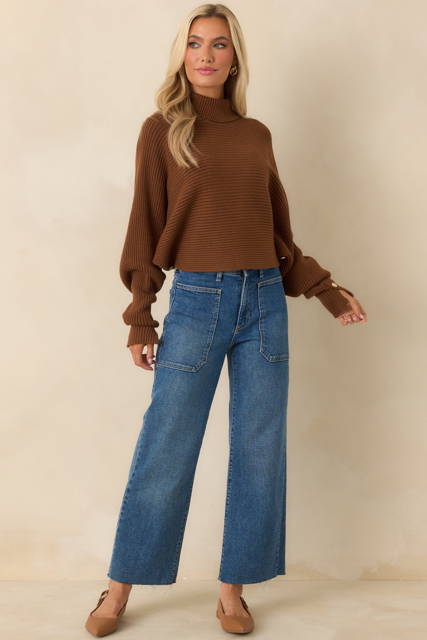 Polished Path Brown Ribbed Batwing Cropped Turtleneck Sweater