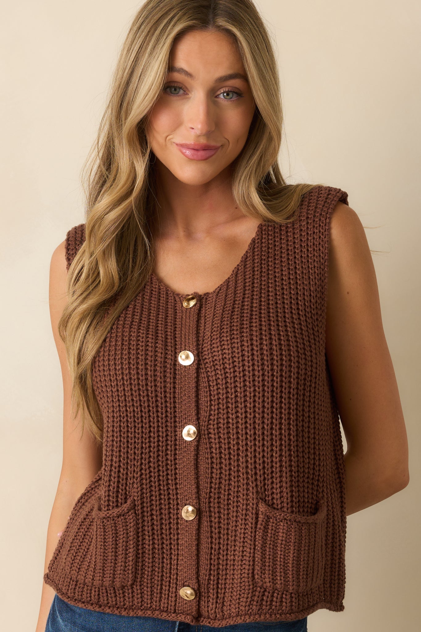 Without Hesitation Brown Knit Button Front Sweater Vest