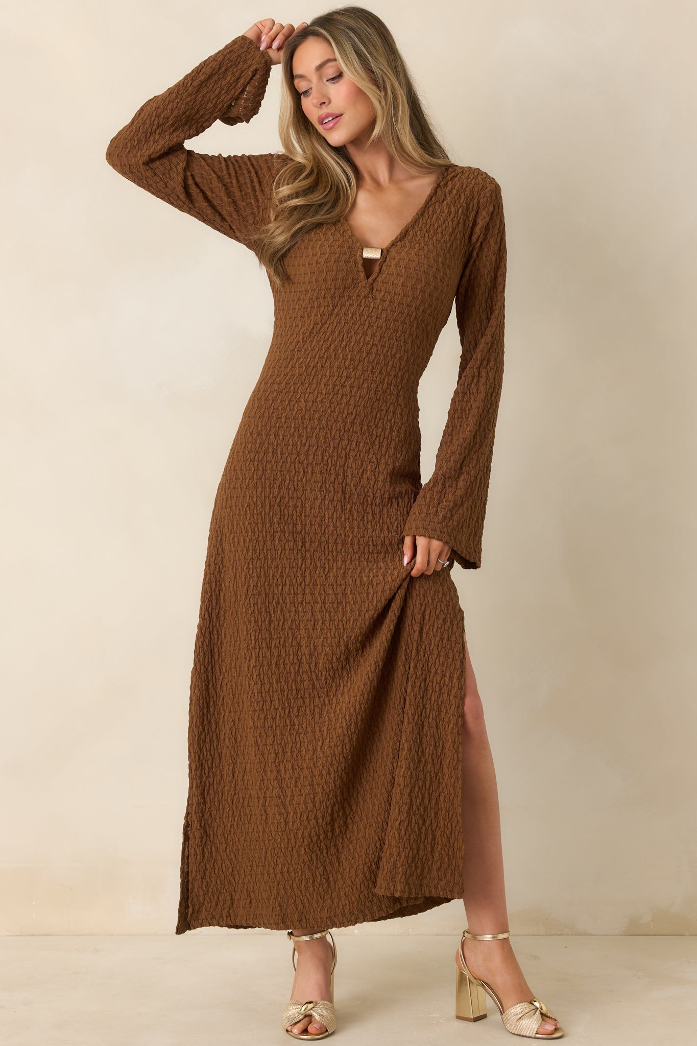 Just a Hint of Glam Brown Textured Semi-Sheer Long Sleeve Maxi Dress