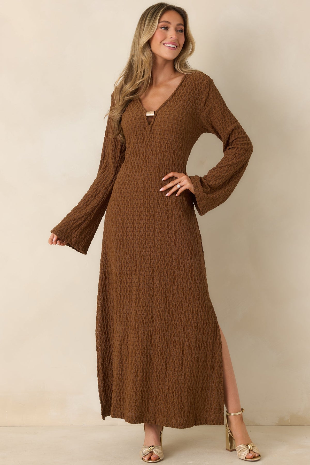 Just a Hint of Glam Brown Textured Semi-Sheer Long Sleeve Maxi Dress