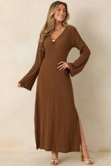Just a Hint of Glam Brown Textured Semi-Sheer Long Sleeve Maxi Dress