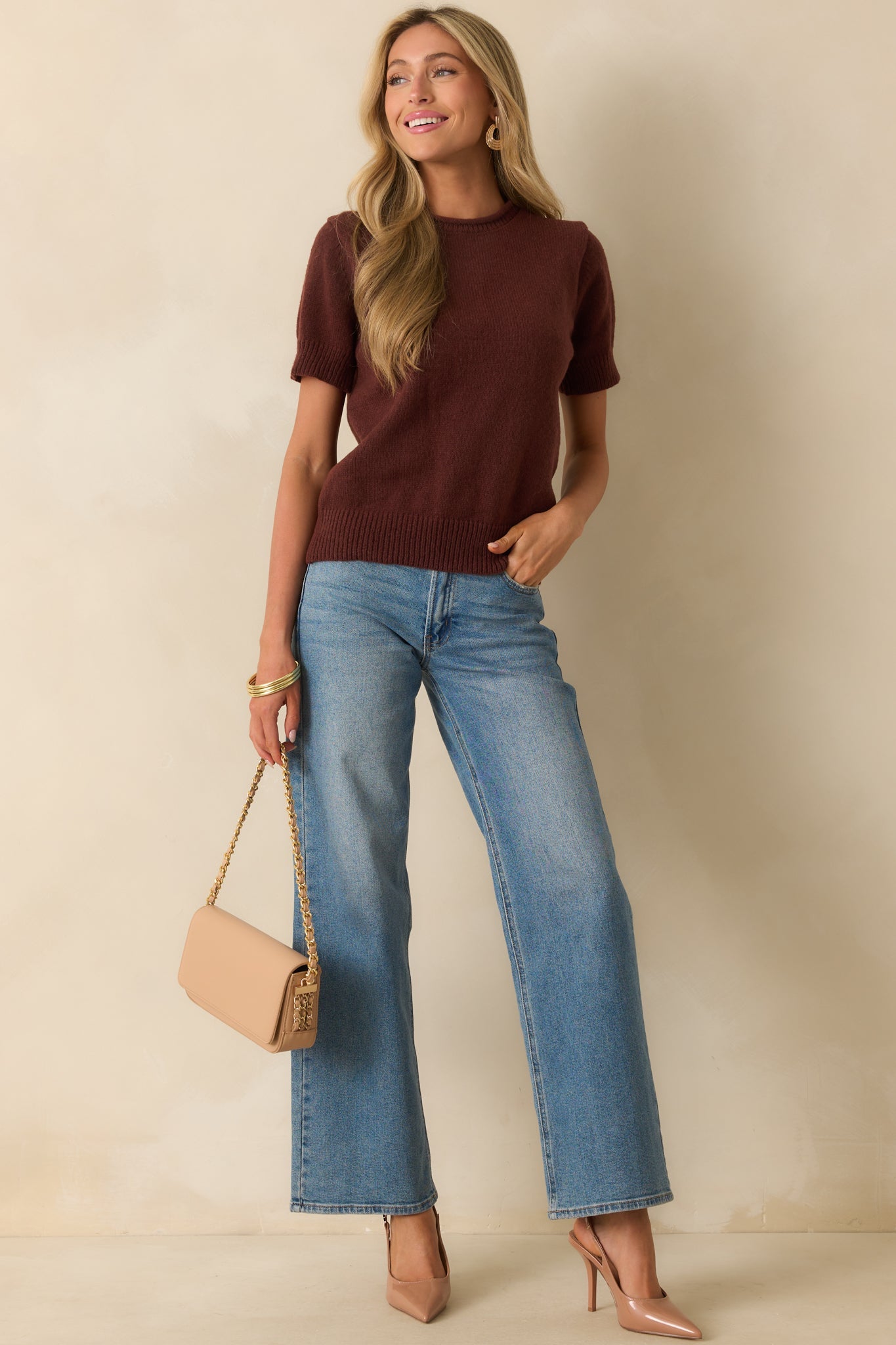 It's All About This Brown Knit Short Sleeve Sweater